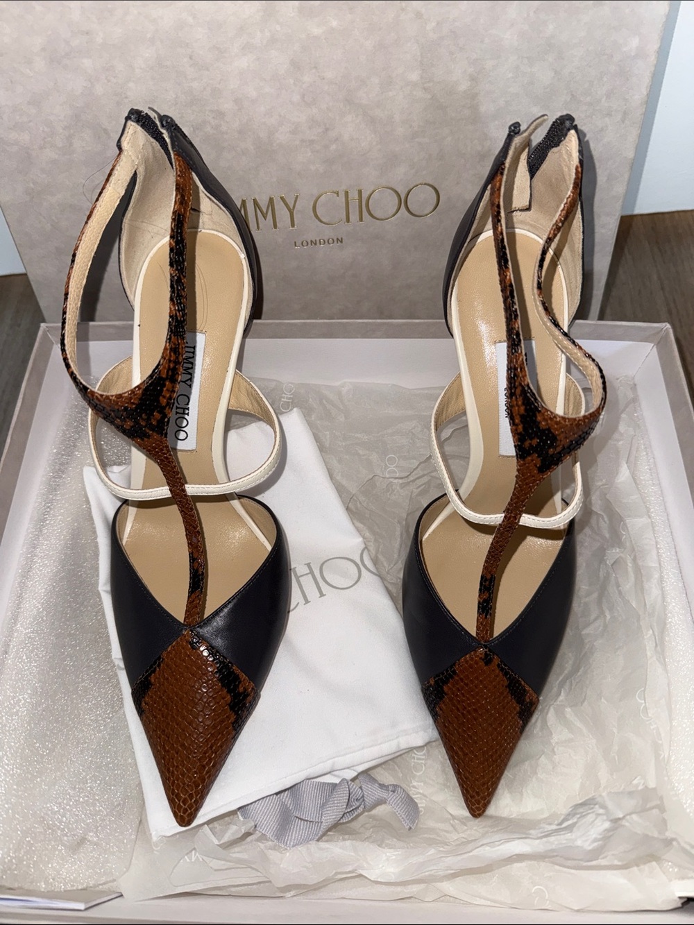Jimmy Choo Saoni Snake Leather, Calf Leather, Nappa Pointed T-Strap Heels - Picture 2 of 9